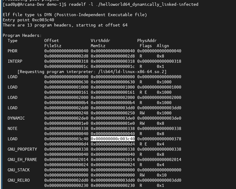 readelf output of infected pt_note_to_pt_load infected binary