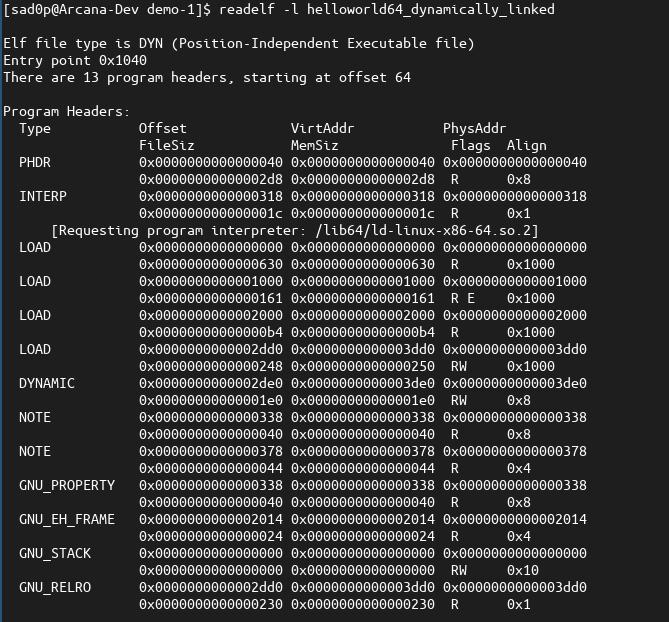 readelf output for uninfected binary