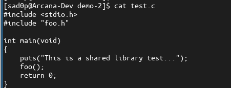 test program dynamically linked against foo.so test.c source